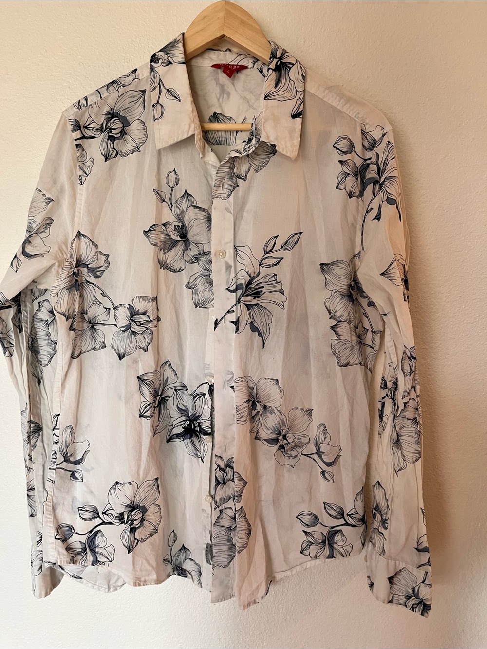 Guess White Button-Down Shirt with Black Floral Print